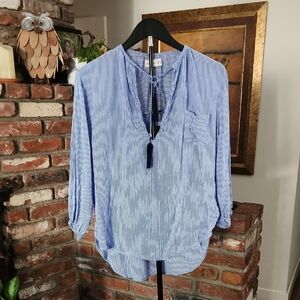 Faithfull the Brand Blue & White Striped Tassel Blouse